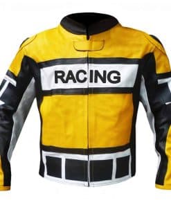 Chamarra de cuero amarilla y negra con protección para moto