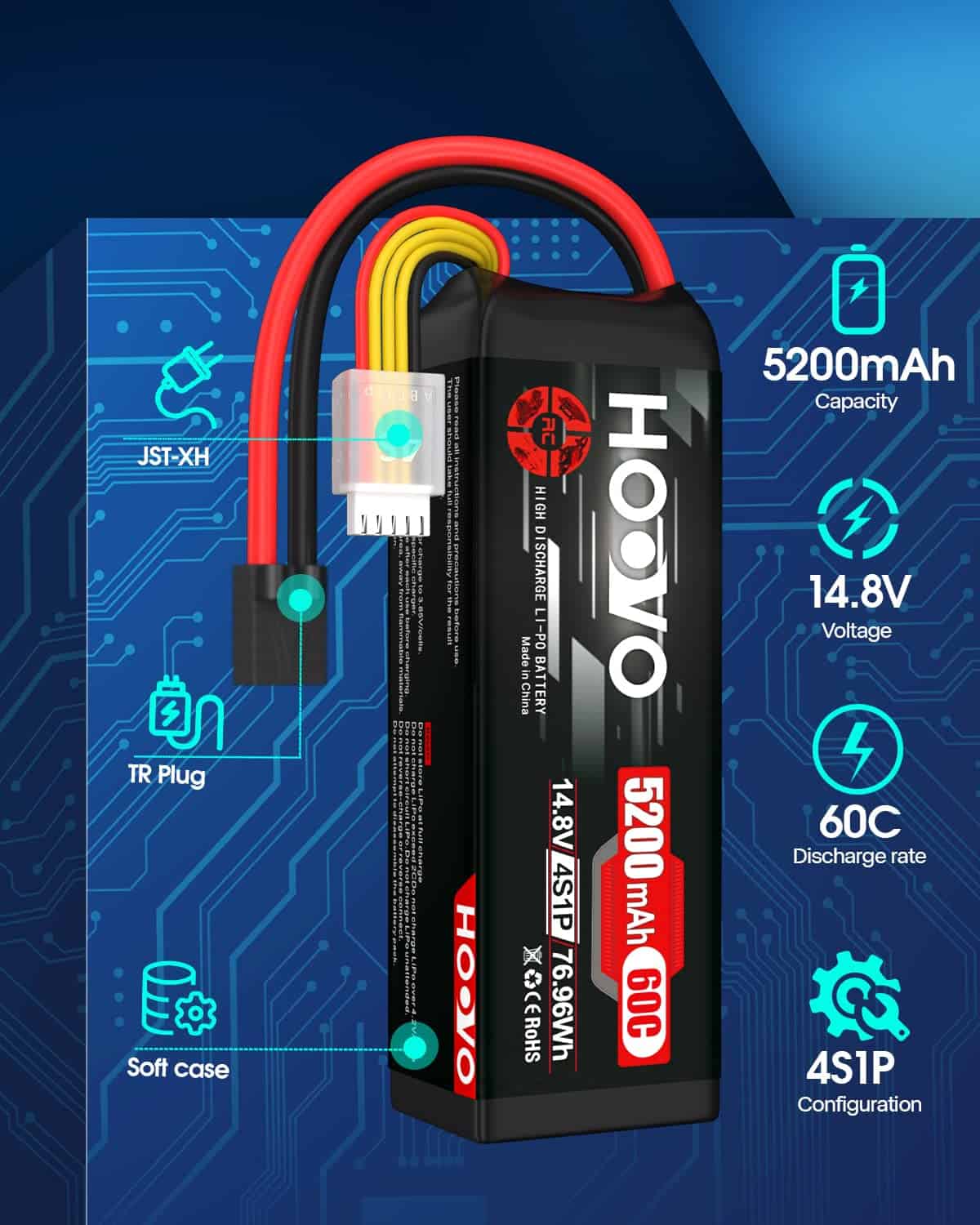 Batería de Lipo HOOVO 14.8V 5200mAh 60C 4S con Conector - Imagen 4