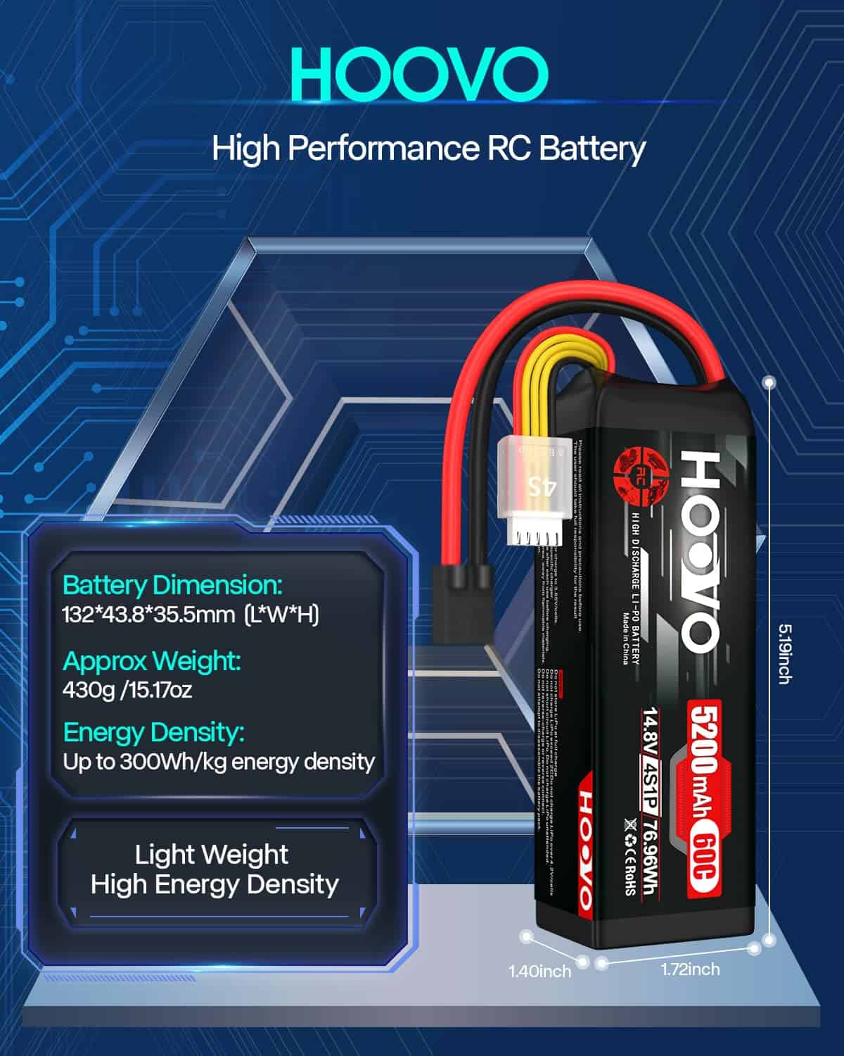 Batería de Lipo HOOVO 14.8V 5200mAh 60C 4S con Conector - Imagen 5
