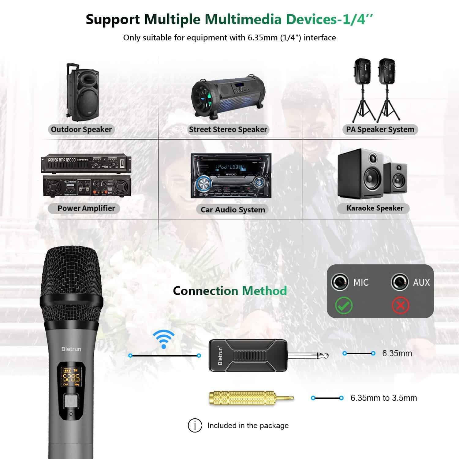 Micrófono Inalámbrico, Bietrun UHF de Metal de Doble Mano - Imagen 7