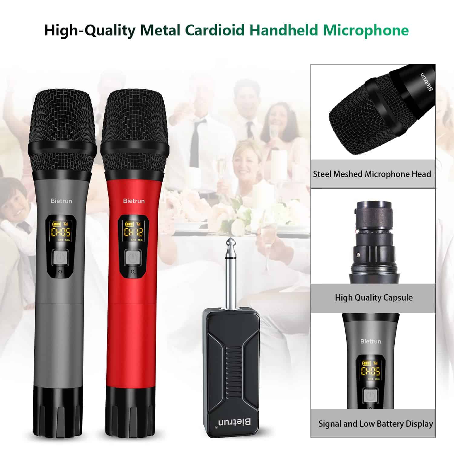 Micrófono Inalámbrico, Bietrun UHF de Metal de Doble Mano - Imagen 5
