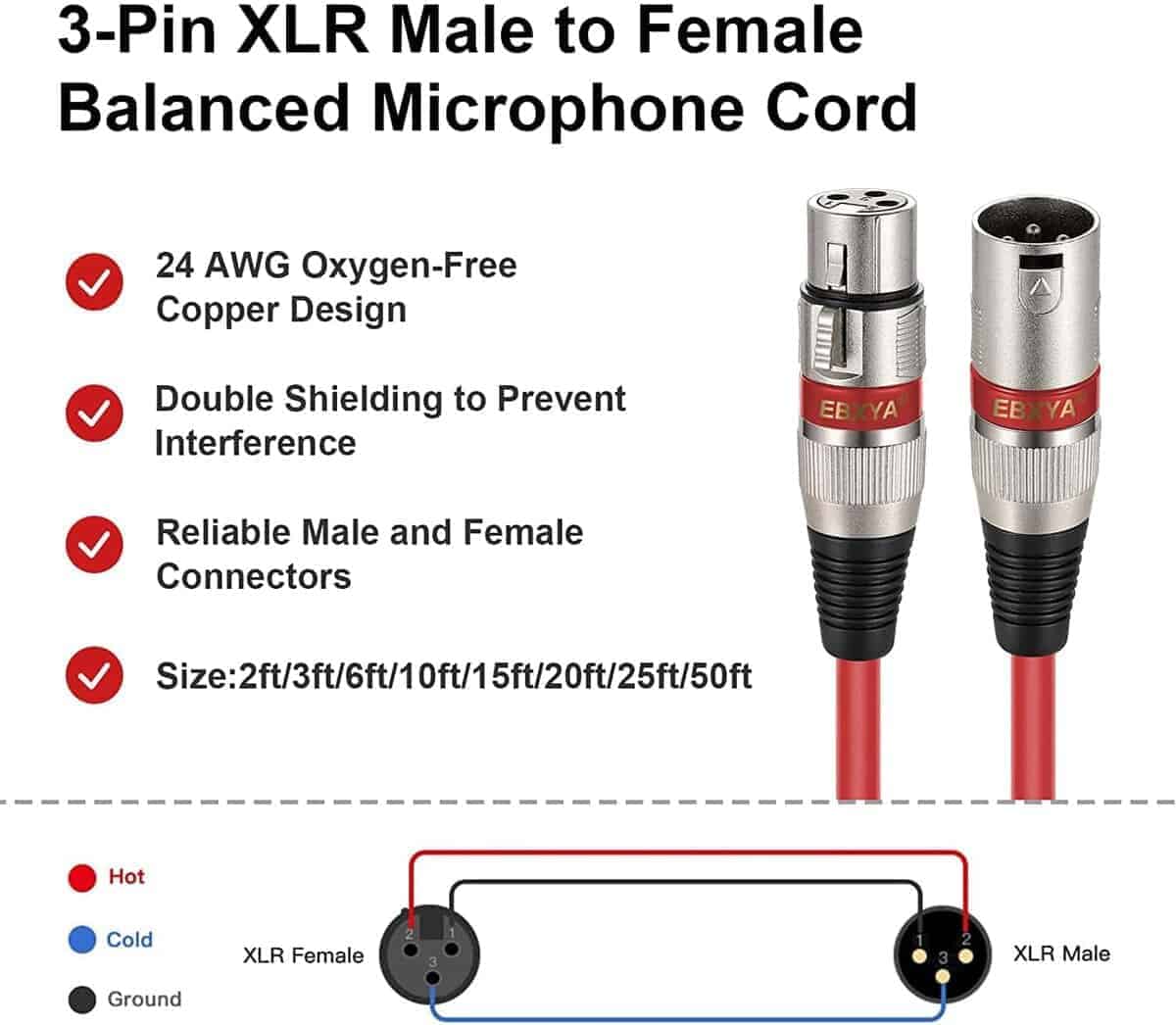 Cable XLR EBXYA 15 Pies 10 Paquetes de Colores - XLR Macho - Imagen 5