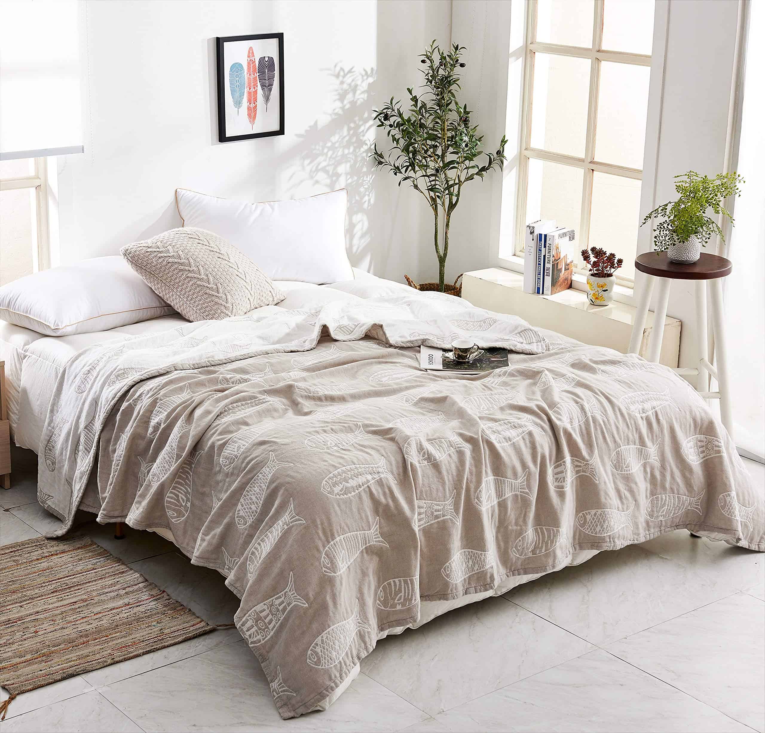 Manta de verano MEJU Fish Gray Muslin para cama, sofá, o - Imagen 3