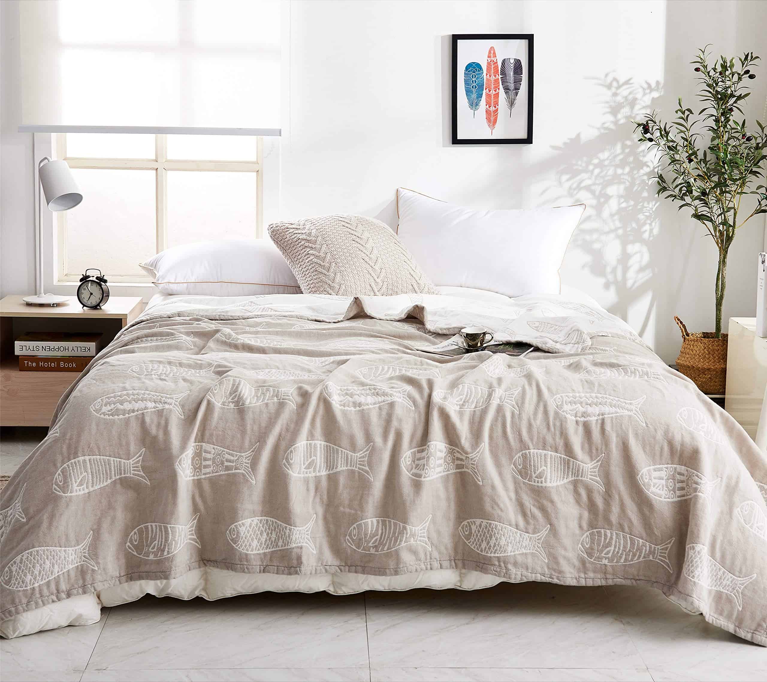 Manta de verano MEJU Fish Gray Muslin para cama, sofá, o - Imagen 4