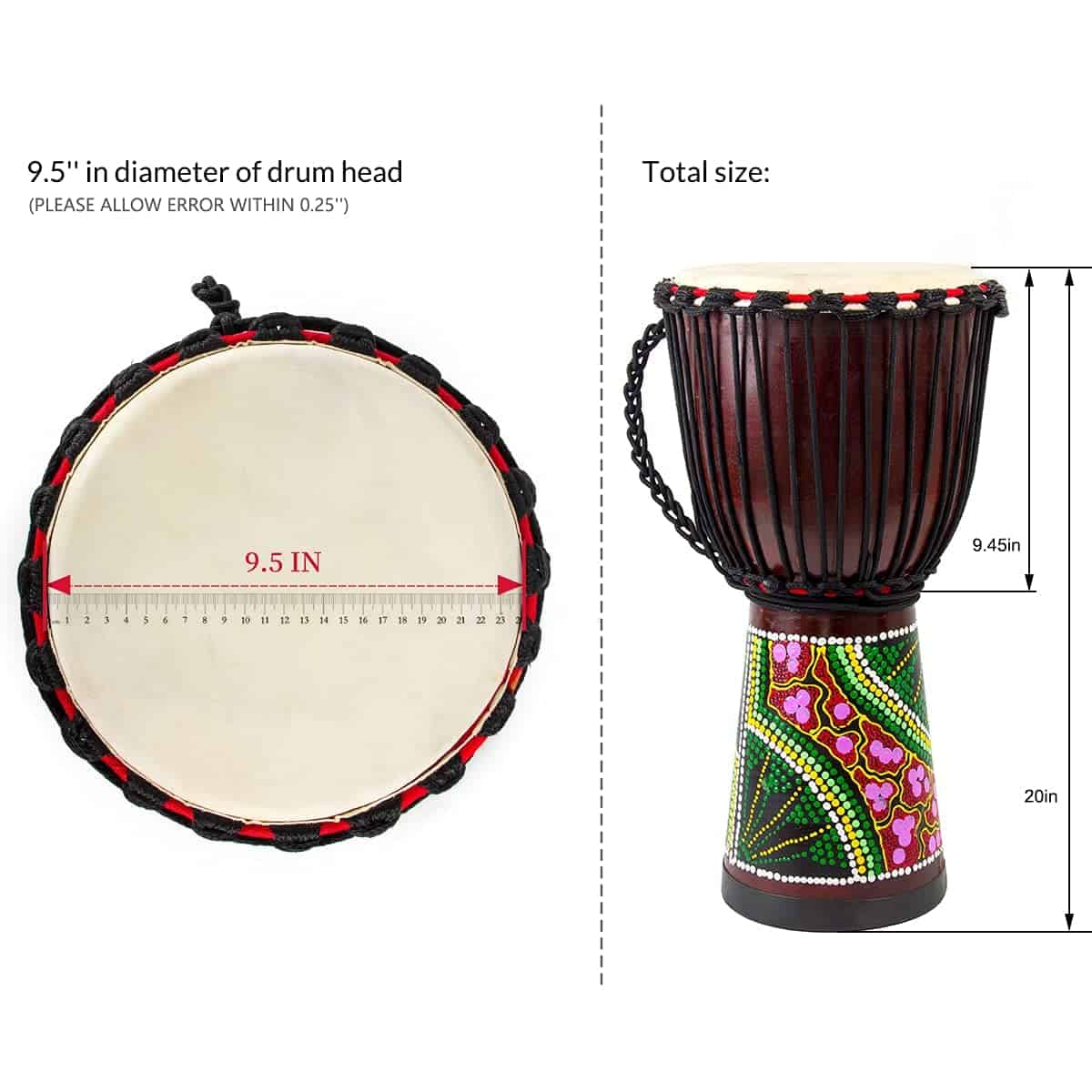 Djembe Tambor AKLOT Tambor Africano Pintado a Mano 9.5'' x - Imagen 6