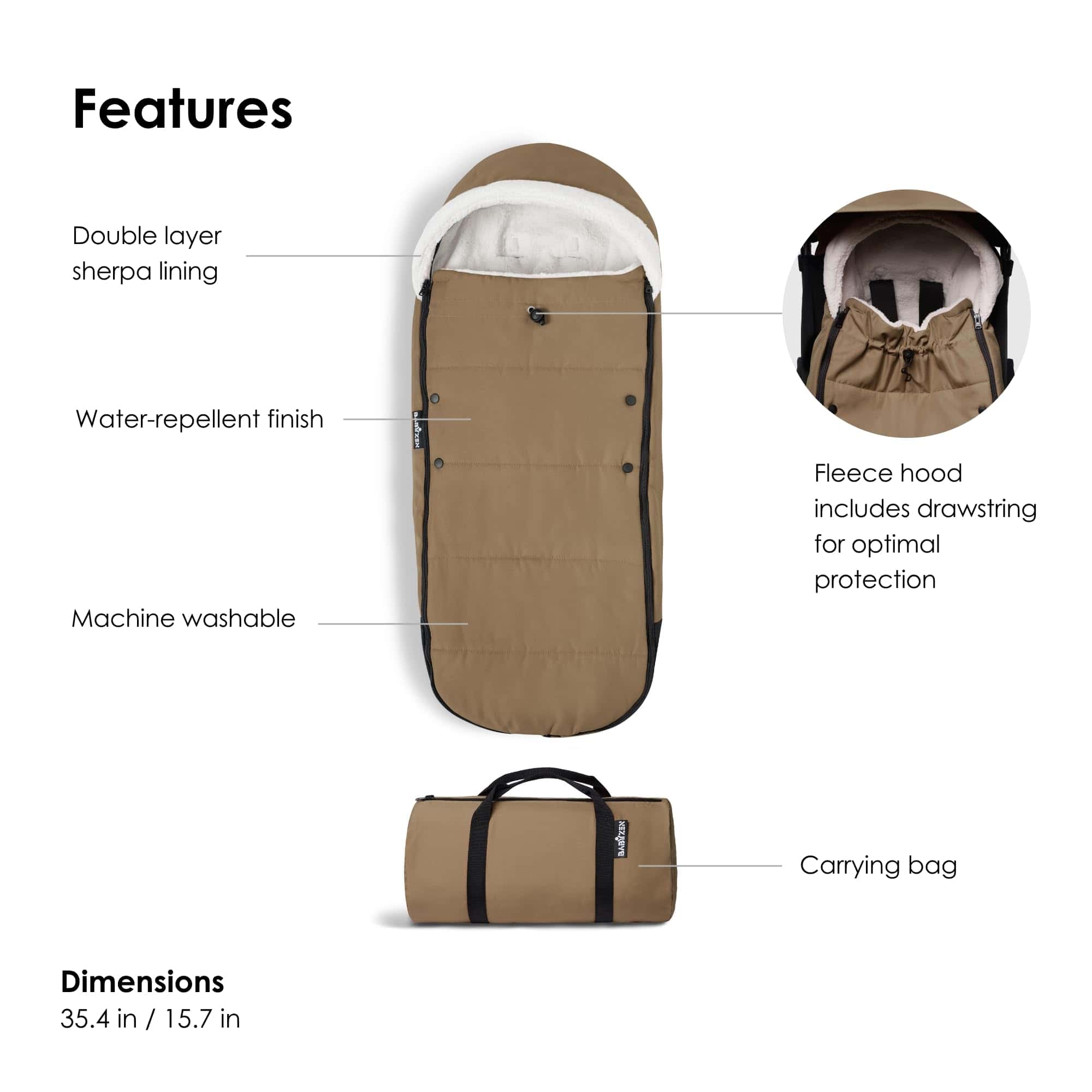 Saco de pies Babyzen YOYO, Toffee - Forro Sherpa y Capucha - Imagen 5