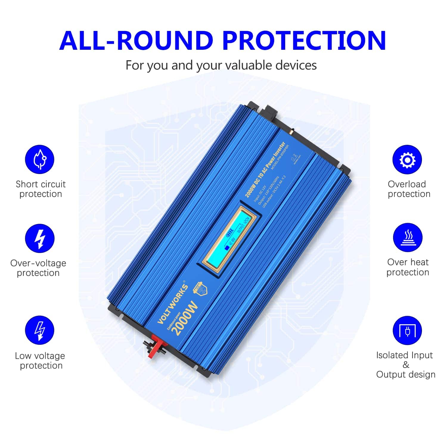 Inversor de Corriente 2000w DC 12V a AC 120V ETL UL458 Onda - Imagen 7