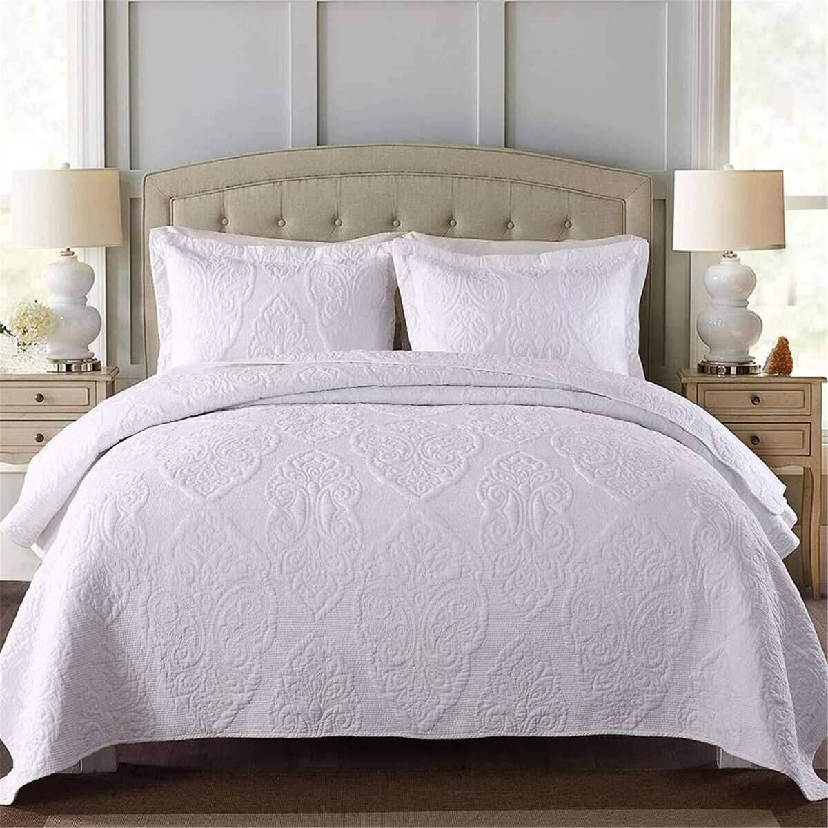 ABREEZE Colcha de Reina de Paisley en Algodón Blanco Juego