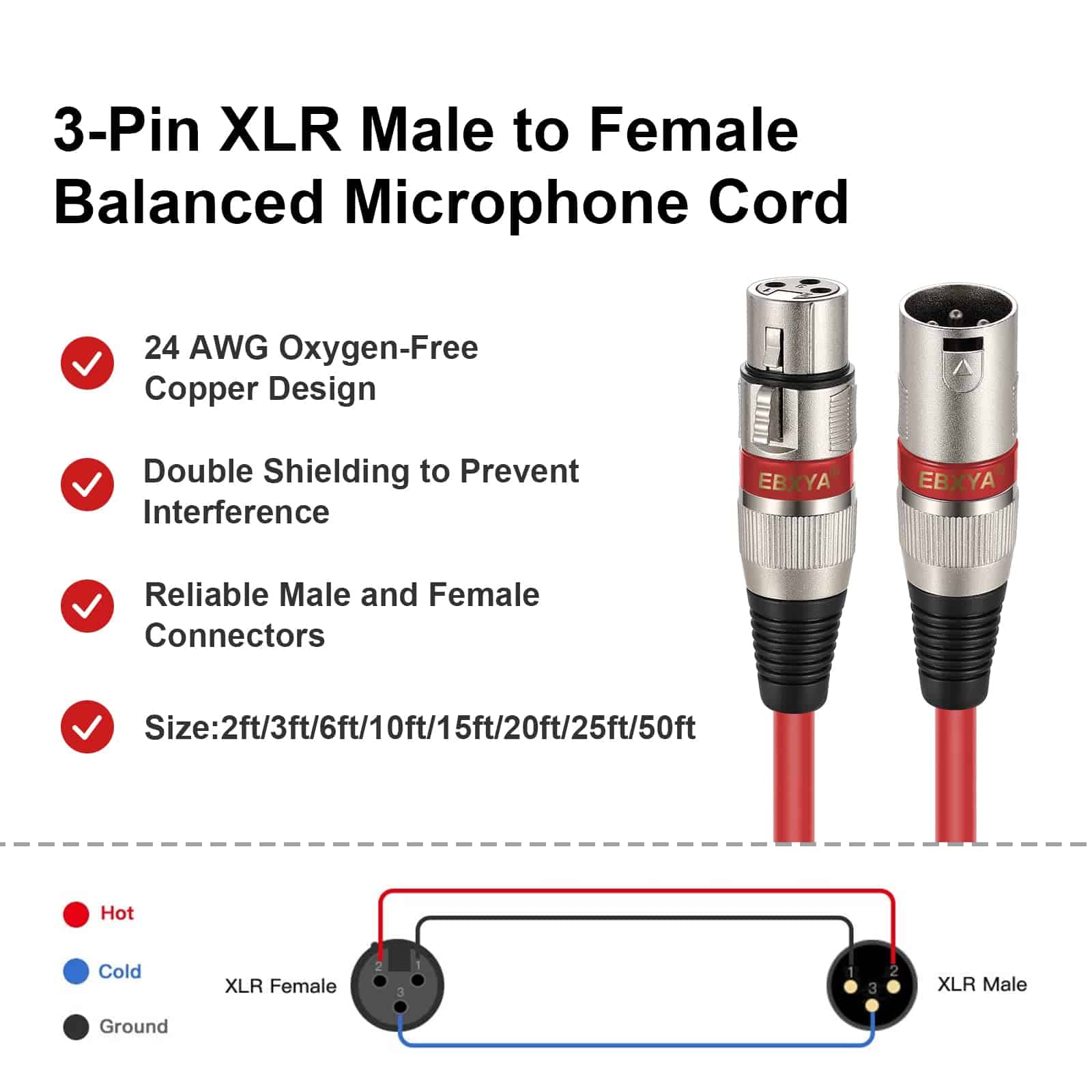 Cable XLR EBXYA de 2 pies, Cable de Micrófono Corto 6 - Imagen 5