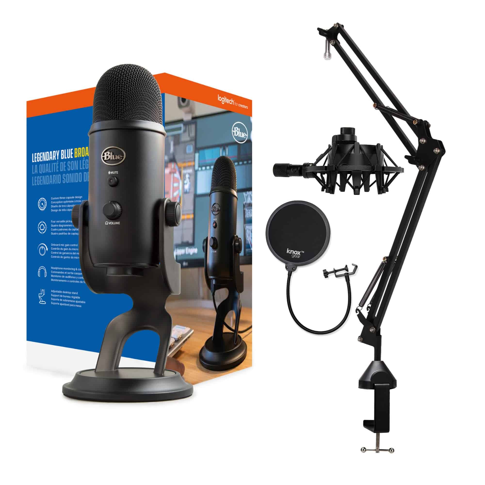 Micrófono Blue Yeti (Blackout) con soporte de brazo Knox