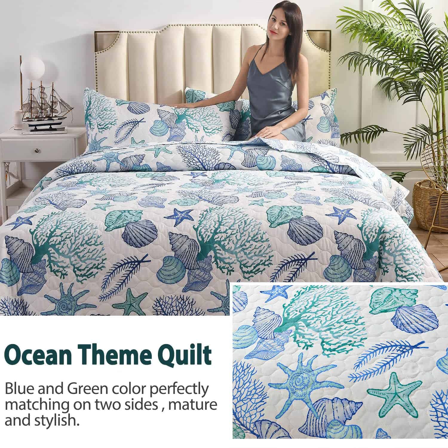 Juego de Edredones de 3 Piezas Tamaño King Tema Oceánico, - Imagen 5