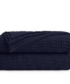 Manta de Punto de Cable Grueso de 100% Algodón Azul Marino