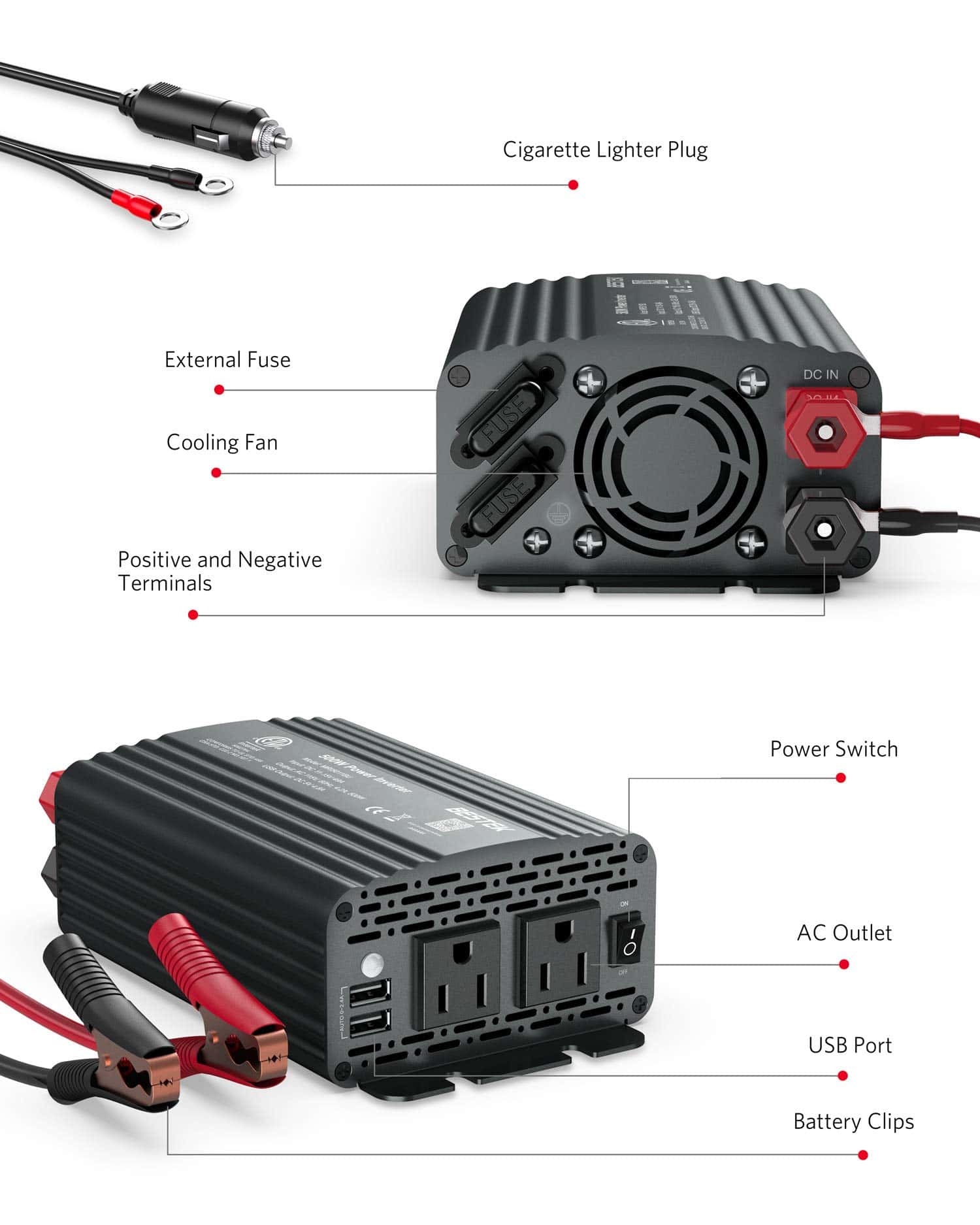 Inversor de Corriente BESTEK 500W DC 12V a -Gris - Imagen 6