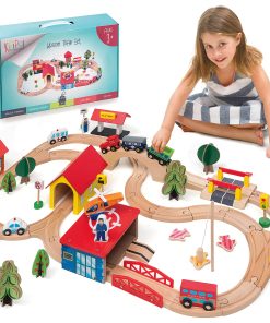 Set de Tren de Madera KipiPol - 69 Piezas de Vías y Trenes