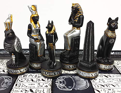 Juego de Piezas de Ajedrez Anubis Egipcio en Negro y Plata
