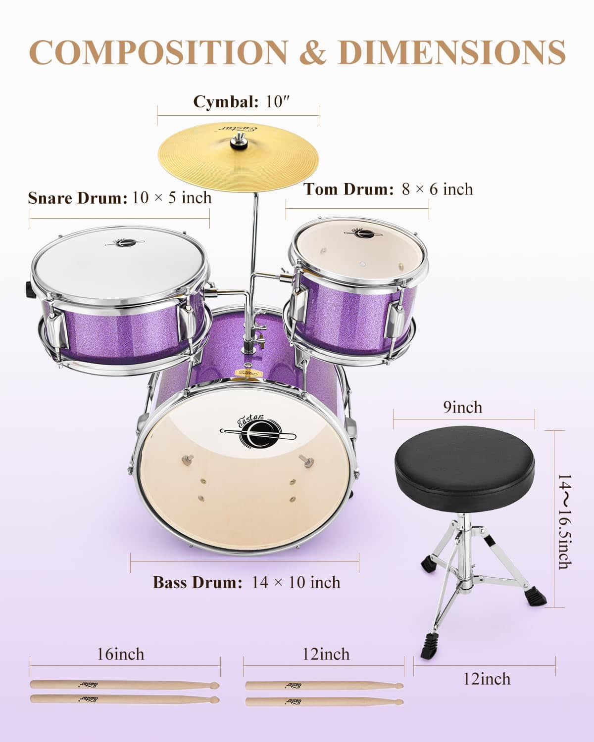 Set de Batería Eastar 14 pulgadas para Principiantes, Kit - Imagen 3