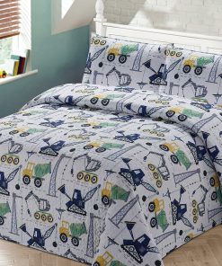 Colcha de cama blanca amarilla verde azul vehículos de