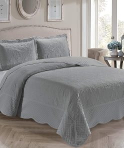 Colcha de cama gris sólida de lujo de 3 piezas