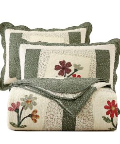 Juego de Colcha Acolchada con Bordado Floral de 3 Piezas en