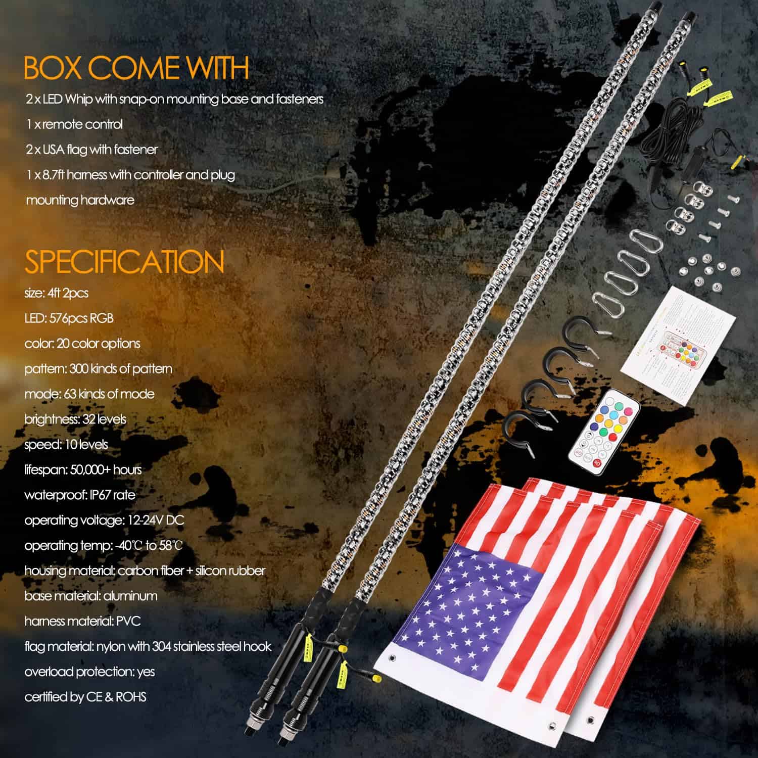 Nirider 2PCS 4ft Luces LED de Látigo con Control Remoto de - Imagen 7