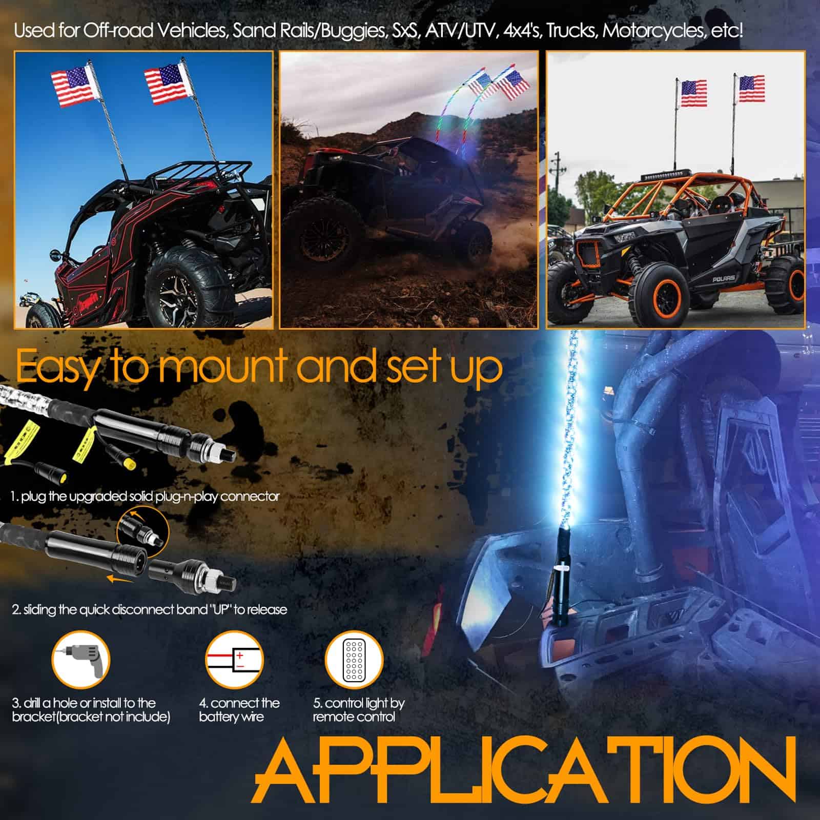 Nirider 2PCS 4ft Luces LED de Látigo con Control Remoto de - Imagen 6