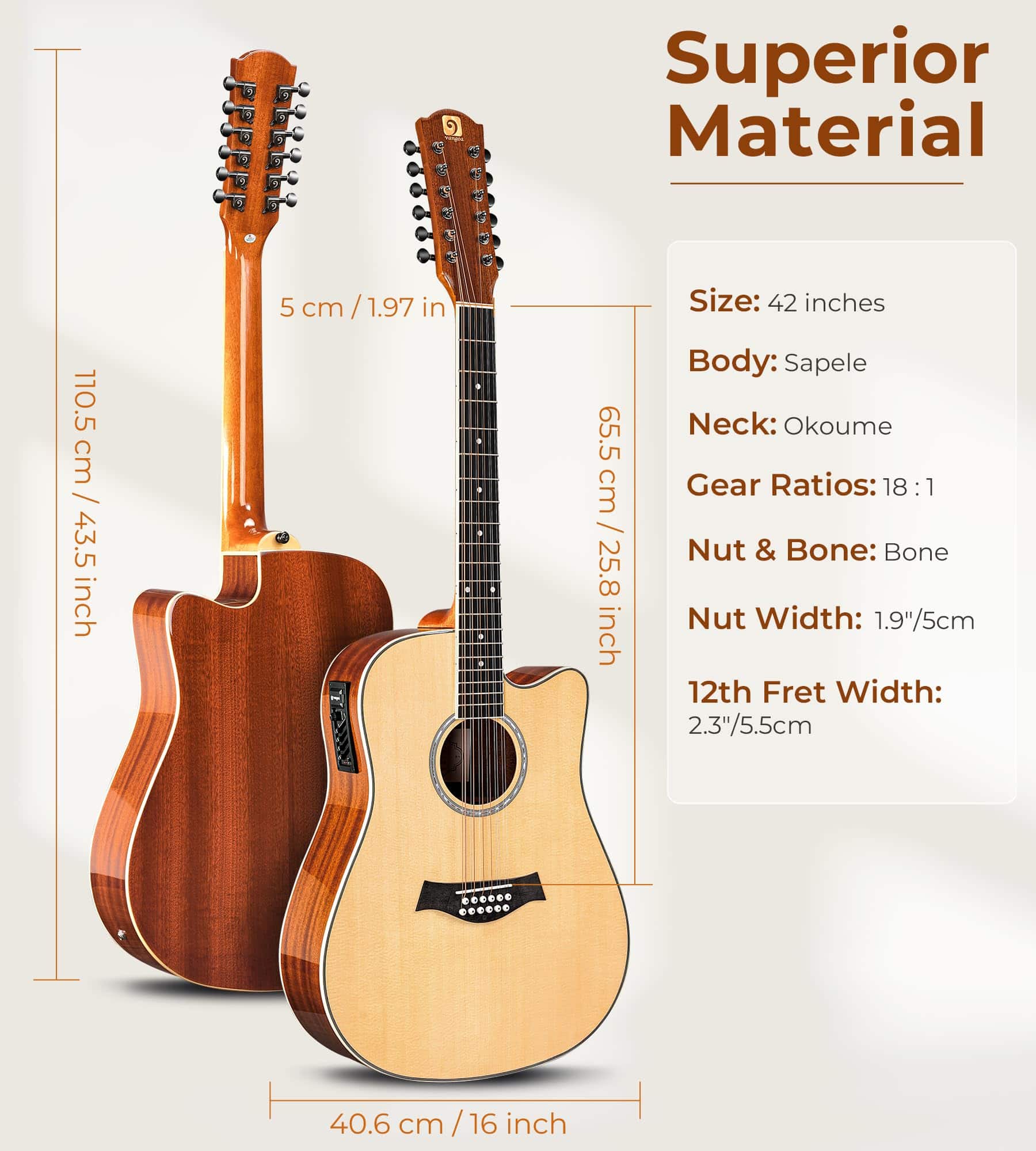 Guitarra de 12 Cuerdas Vangoa, Guitarra Acústica Eléctrica - Imagen 8