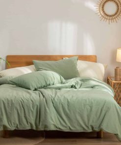 Funda de Edredón Verde Queen, 100% Algodón Lavado con