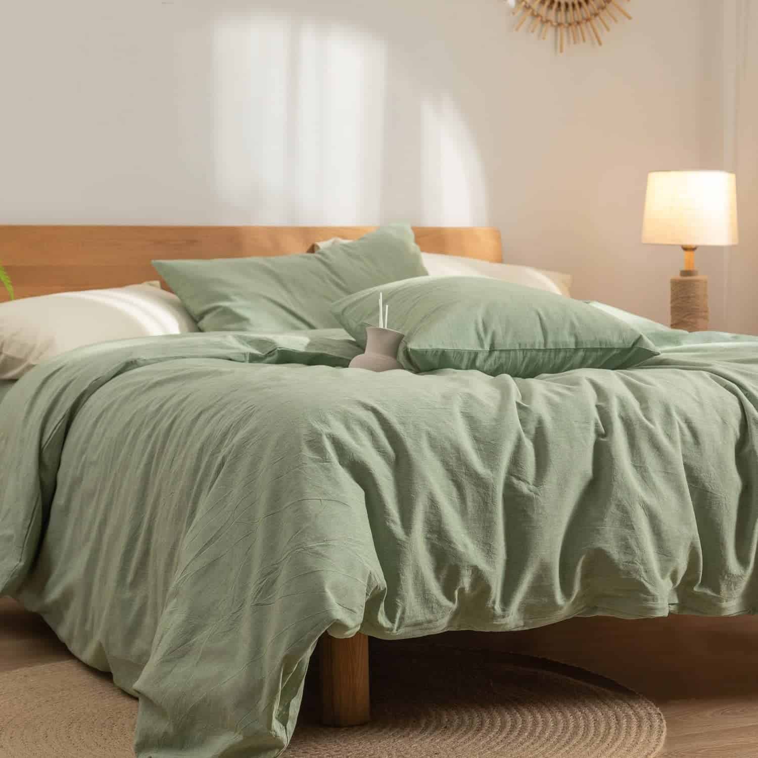 Funda de Edredón Verde Queen, 100% Algodón Lavado con - Imagen 4