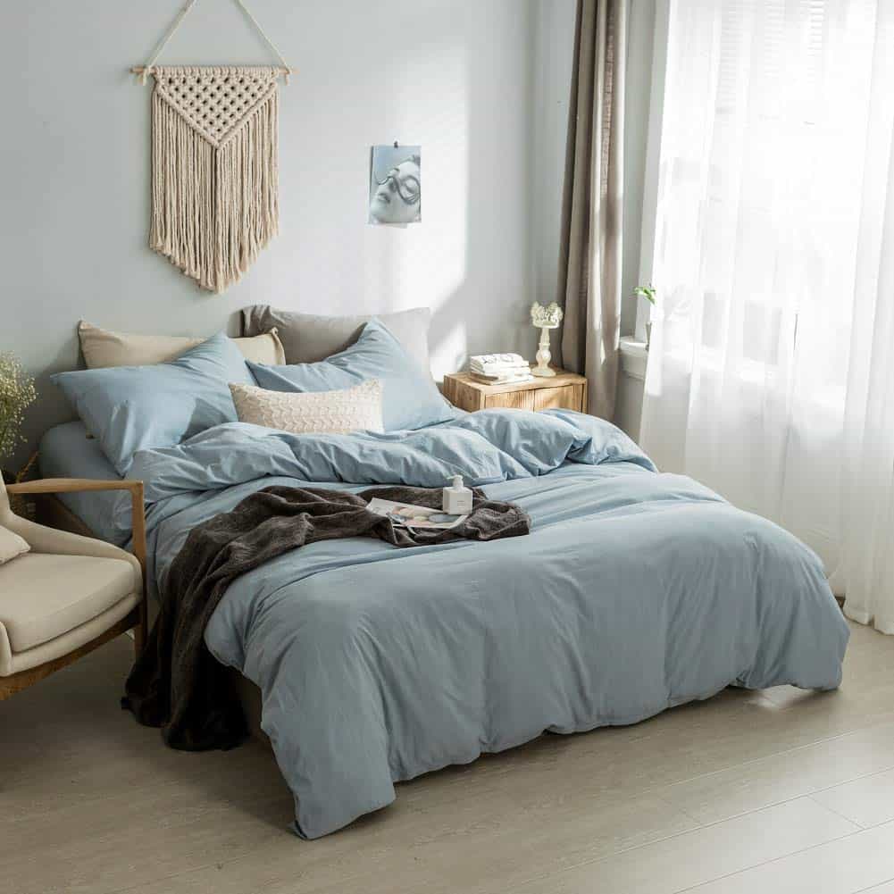 Funda de edredón Queen azul claro, 100% algodón lavado tipo - Imagen 3