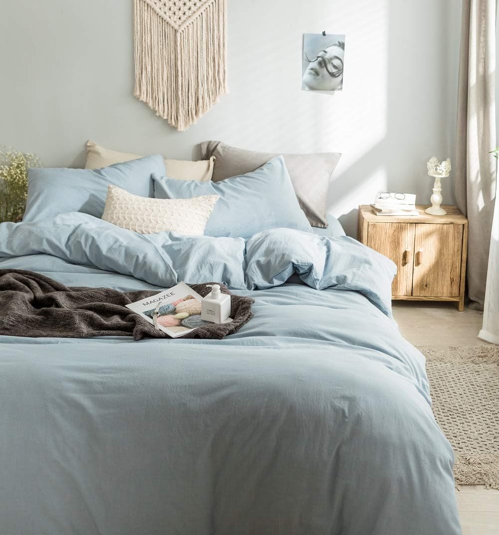 Funda de edredón Queen azul claro, 100% algodón lavado tipo - Imagen 4