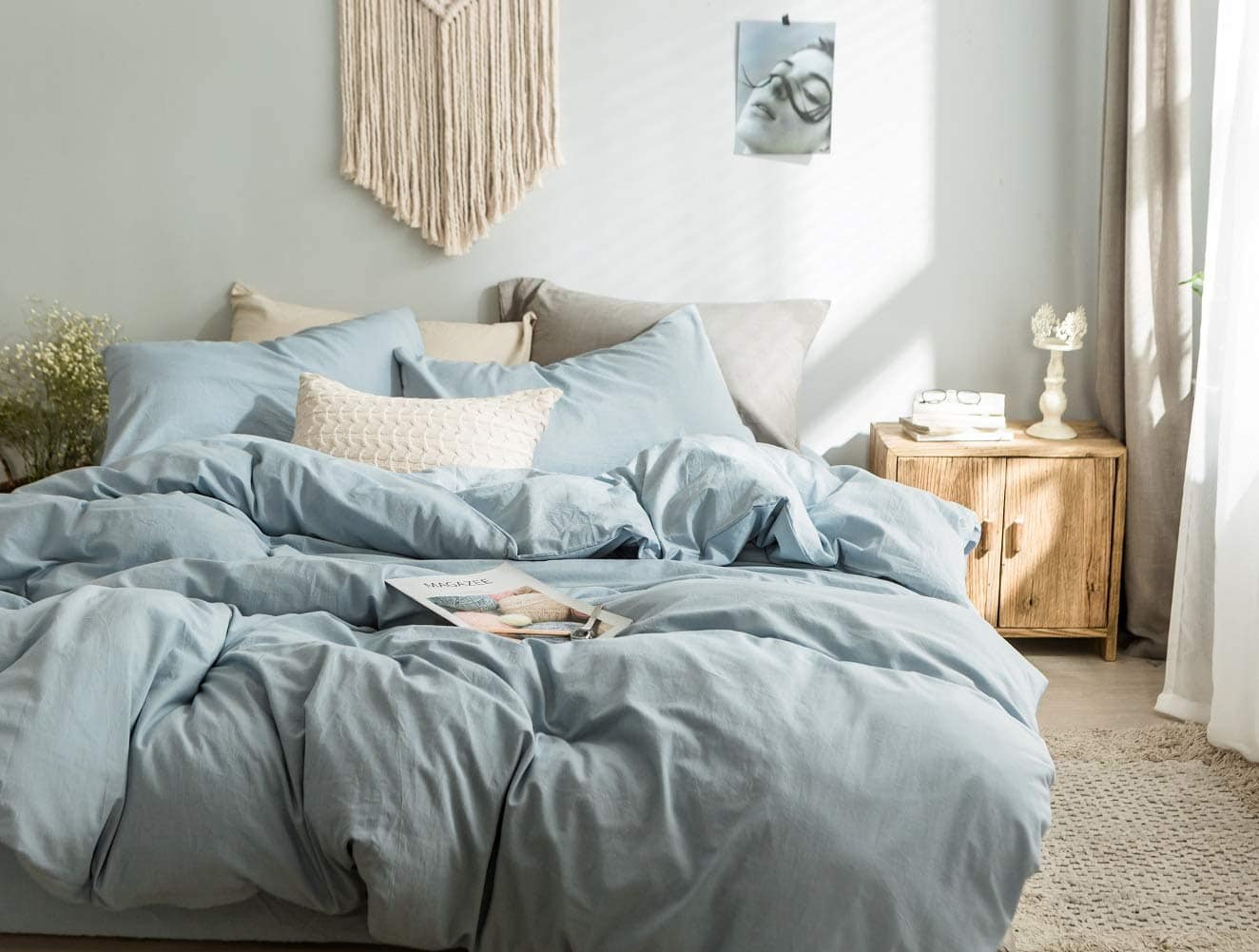 Funda de edredón Queen azul claro, 100% algodón lavado tipo - Imagen 6