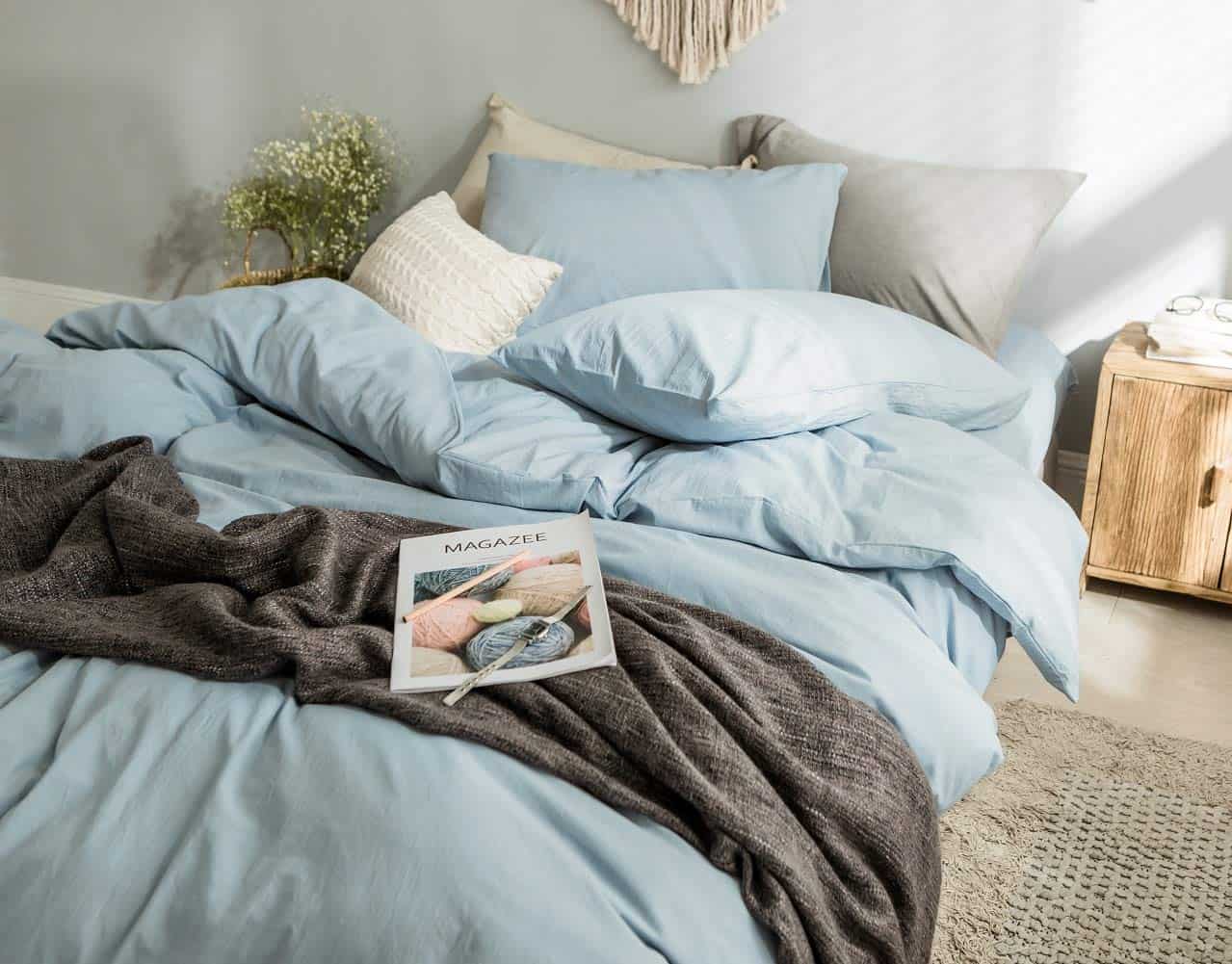 Funda de edredón Queen azul claro, 100% algodón lavado tipo - Imagen 8