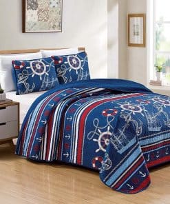 Set de Colcha Acolchada Reversible de 3 Piezas -Azul, blanco