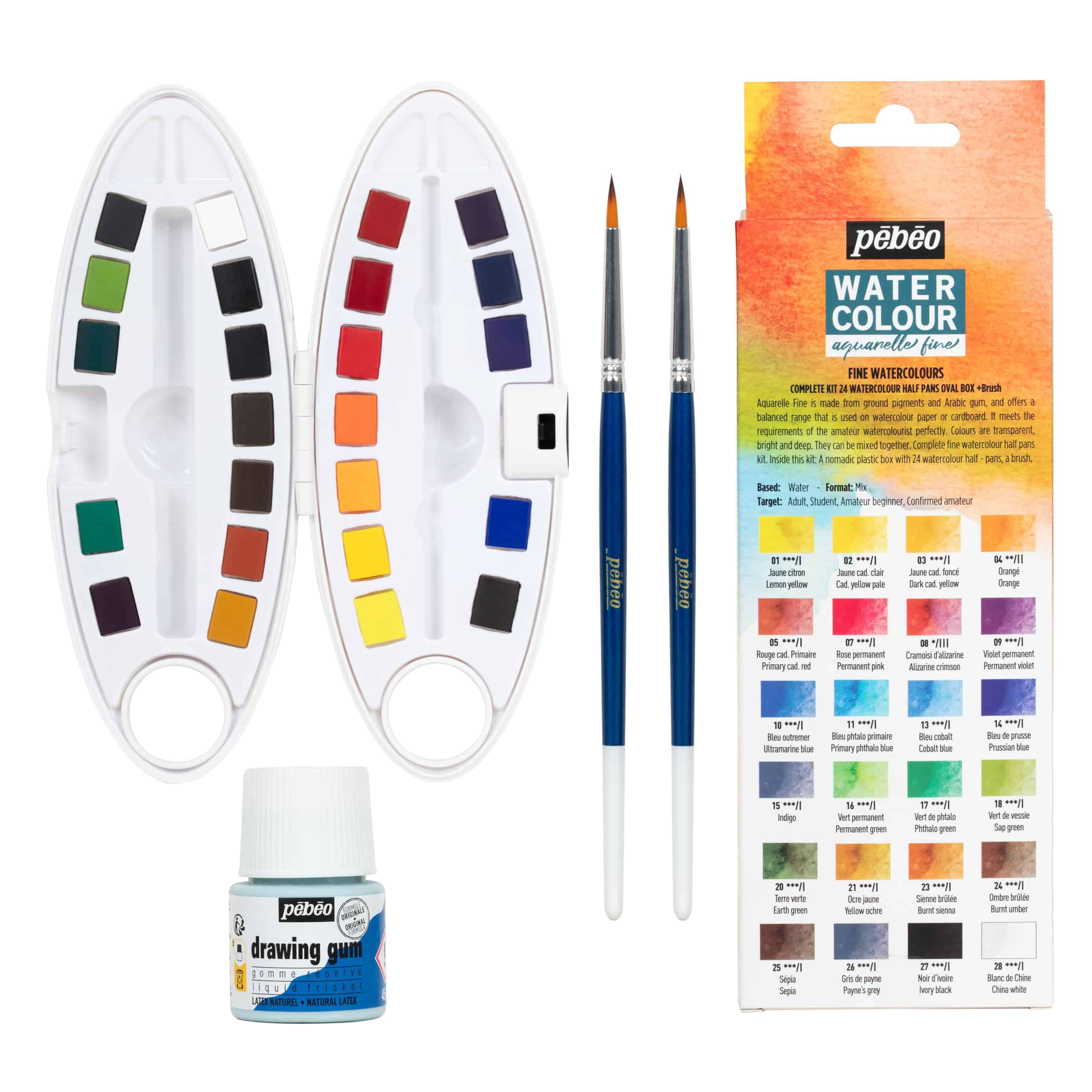 Set de 24 medios estuches de acuarelas Pebeo con goma de
