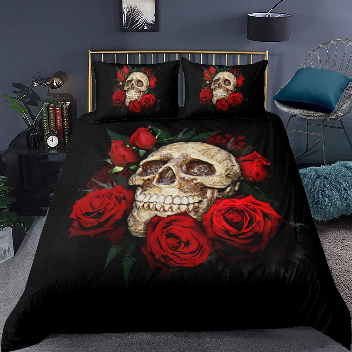 Set de Ropa de Cama Calavera Floral Funda de Edredón Tamaño