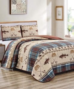 Juego de colcha de pesca de río para cabaña rústica Lodge