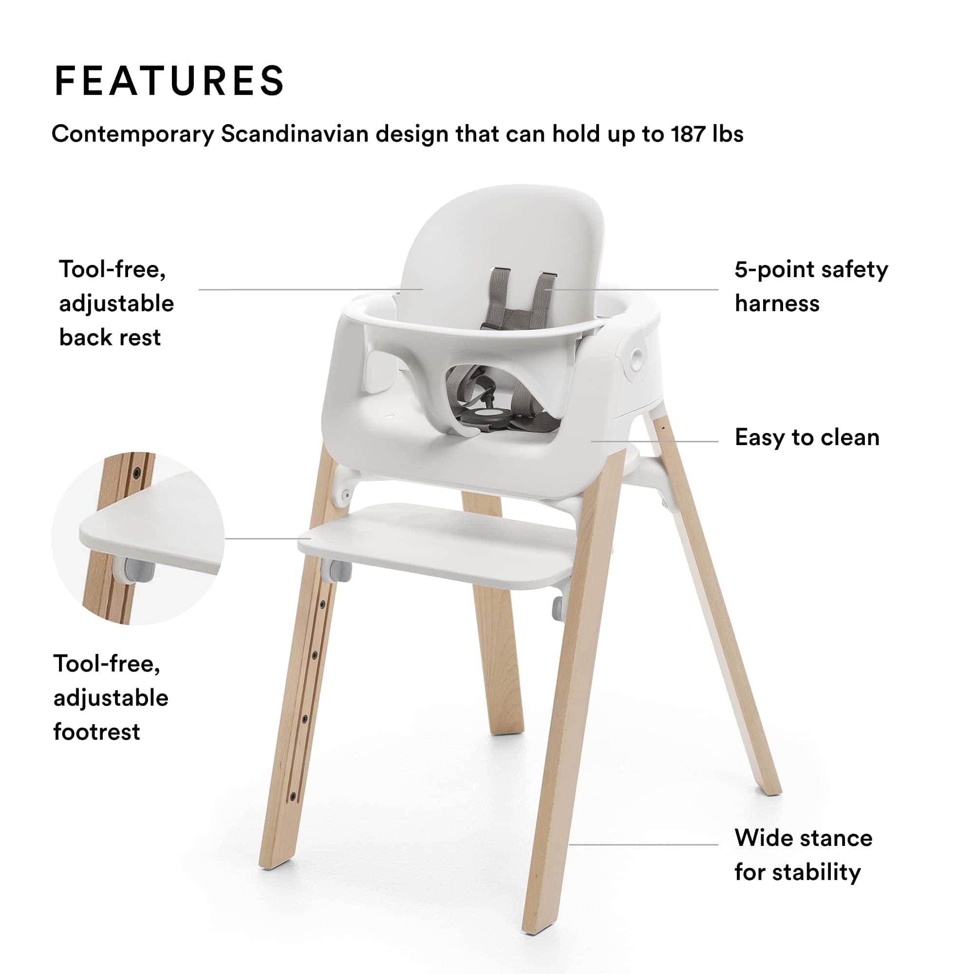 Silla alta Stokke Steps - Patas naturales y asiento blanco - Imagen 3