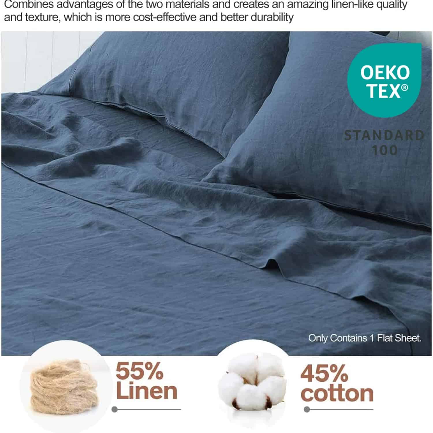 Sábana plana de lino francés BISELINA 55% -Azul Marino - Imagen 3