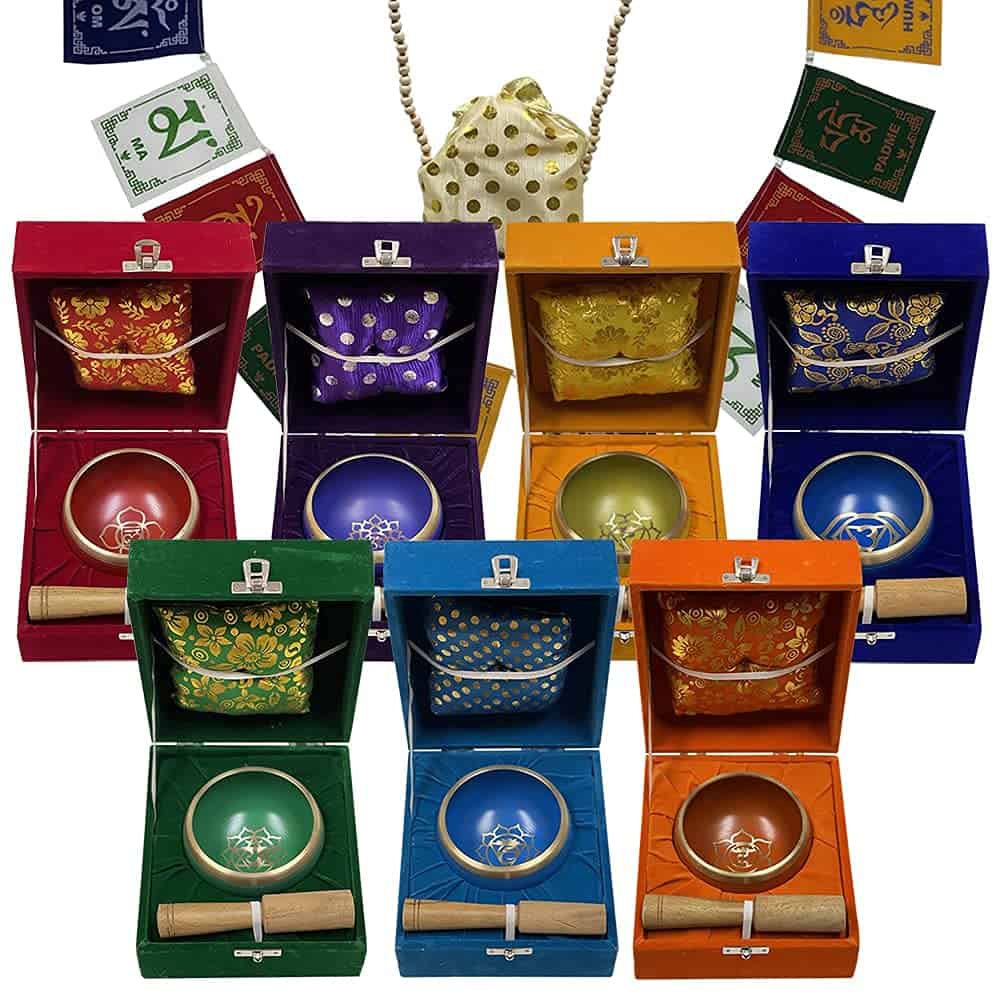 Set de Cuencos Tibetanos Chakra con Cojín Maza Cuentas de