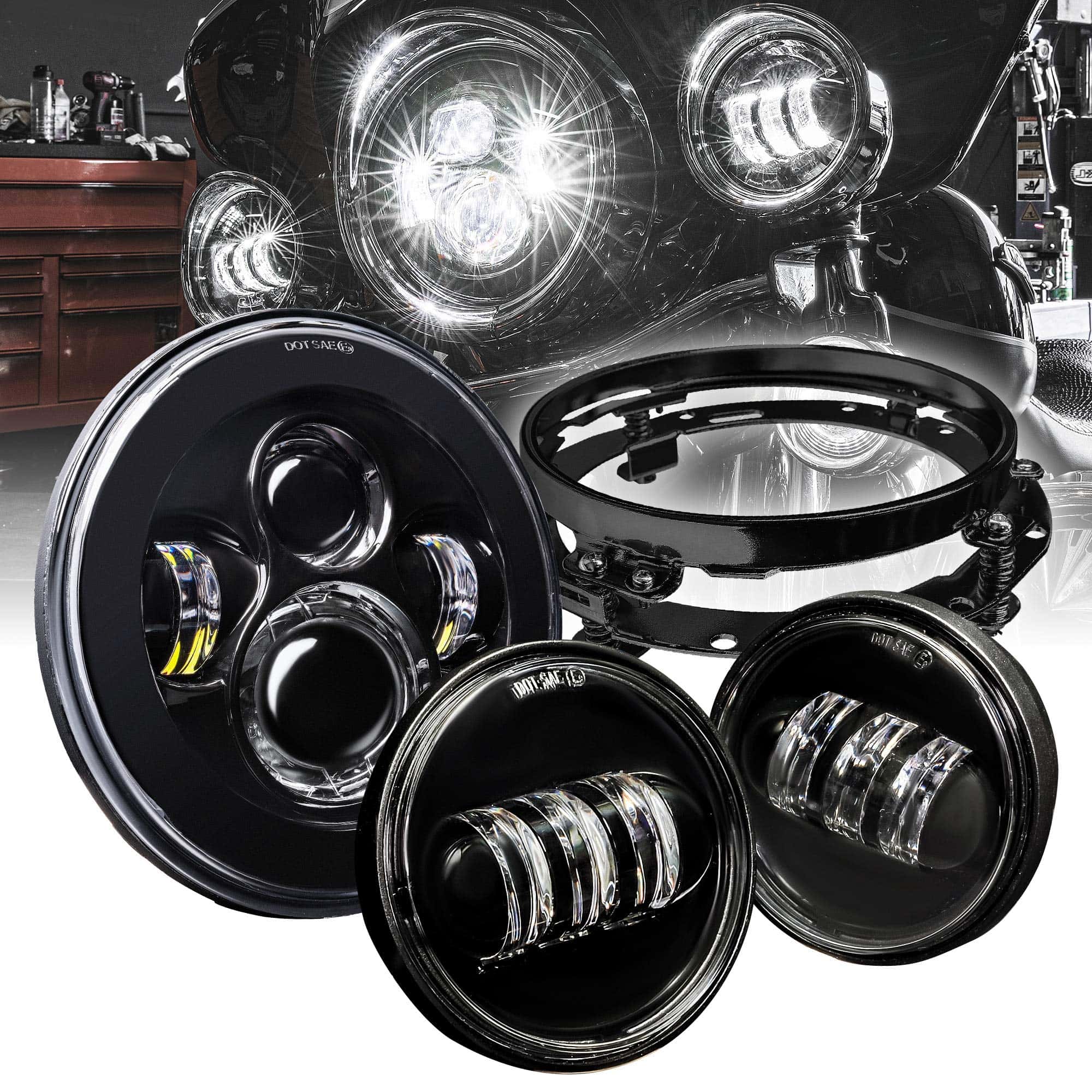 Faros LED de 7" con Luces de Paseo de 4.5" para Harley