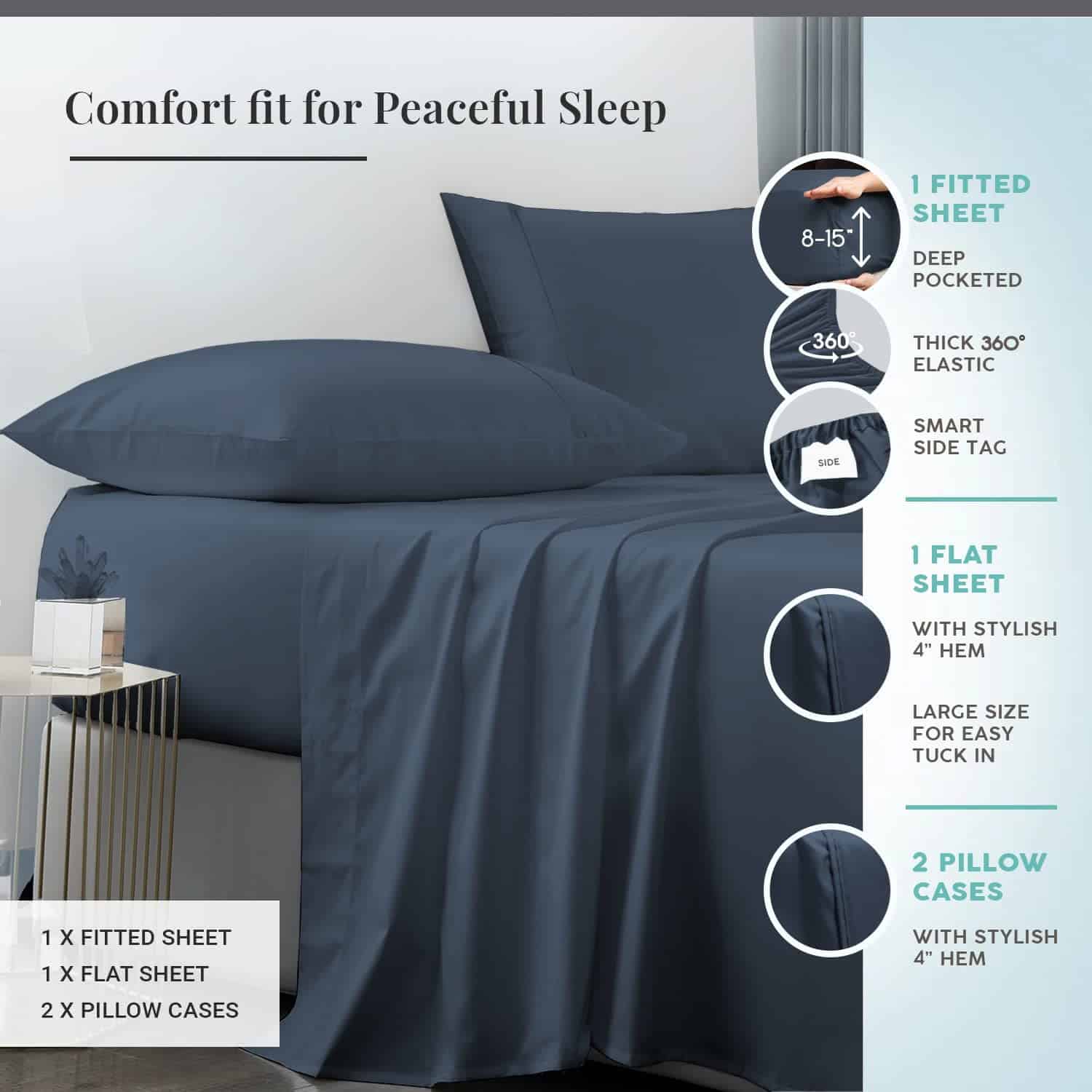 Juego de sábanas split king de algodón 100% Pizuna azul - Imagen 4