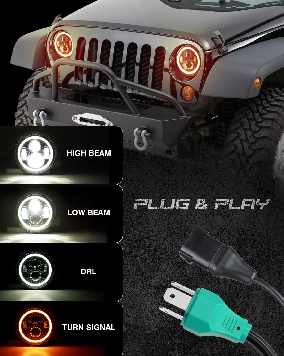 Faros LED Halo de 7 Pulgadas con Señal de Giro Ámbar y Luz - Imagen 4