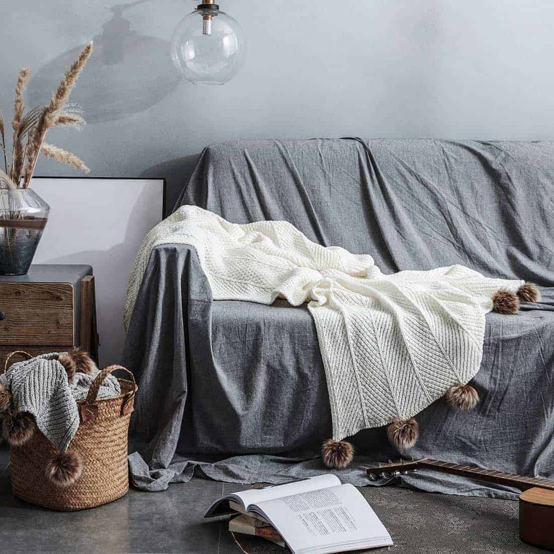 Manta de Lana con Pom Pom de Vctops - Súper Suave, Cálida y - Imagen 4