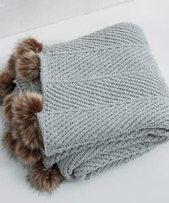 Manta de Punto con Pom Pom de Piel sintética Suave y Cálida