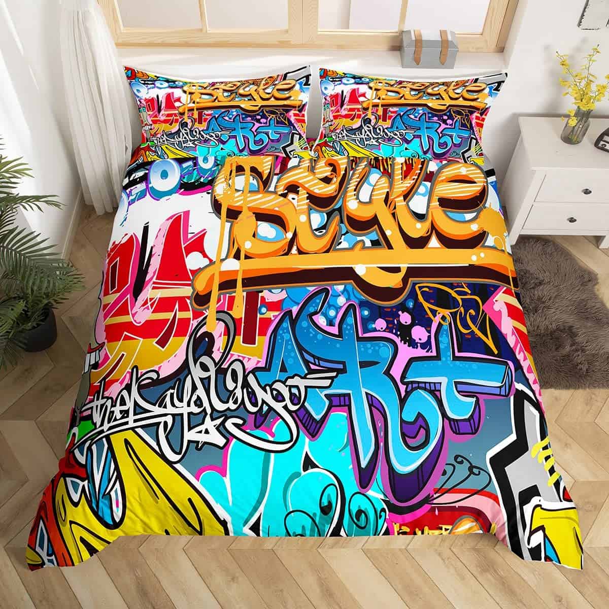 Juego de Funda de Edredón Graffiti Hippie para Cama Queen