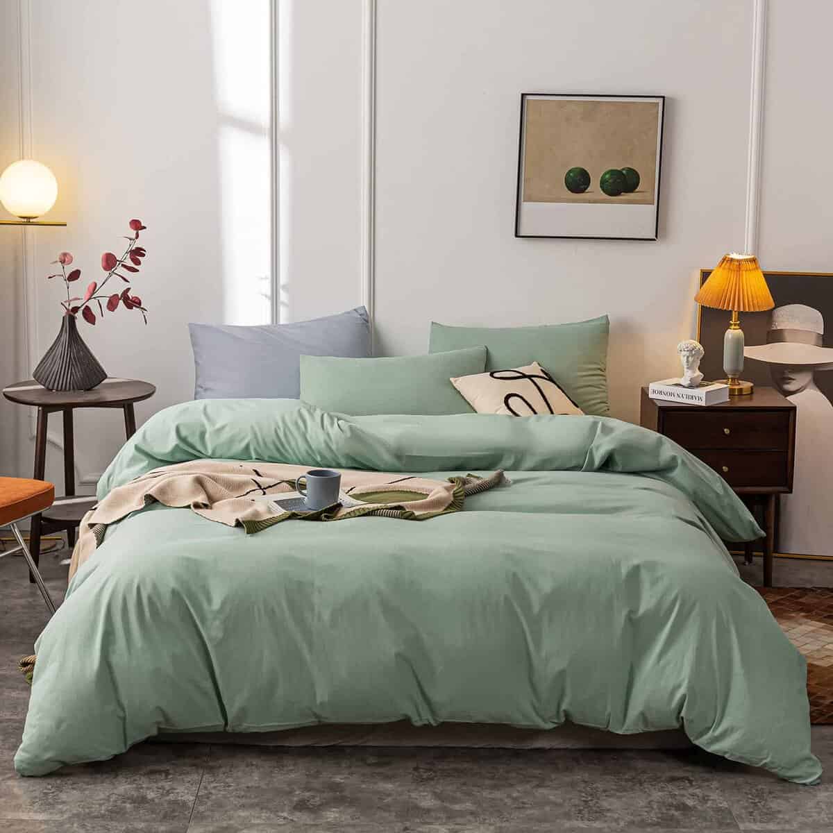 Janlive Funda de Edredón de Algodón Lavado King -Verde Sólid