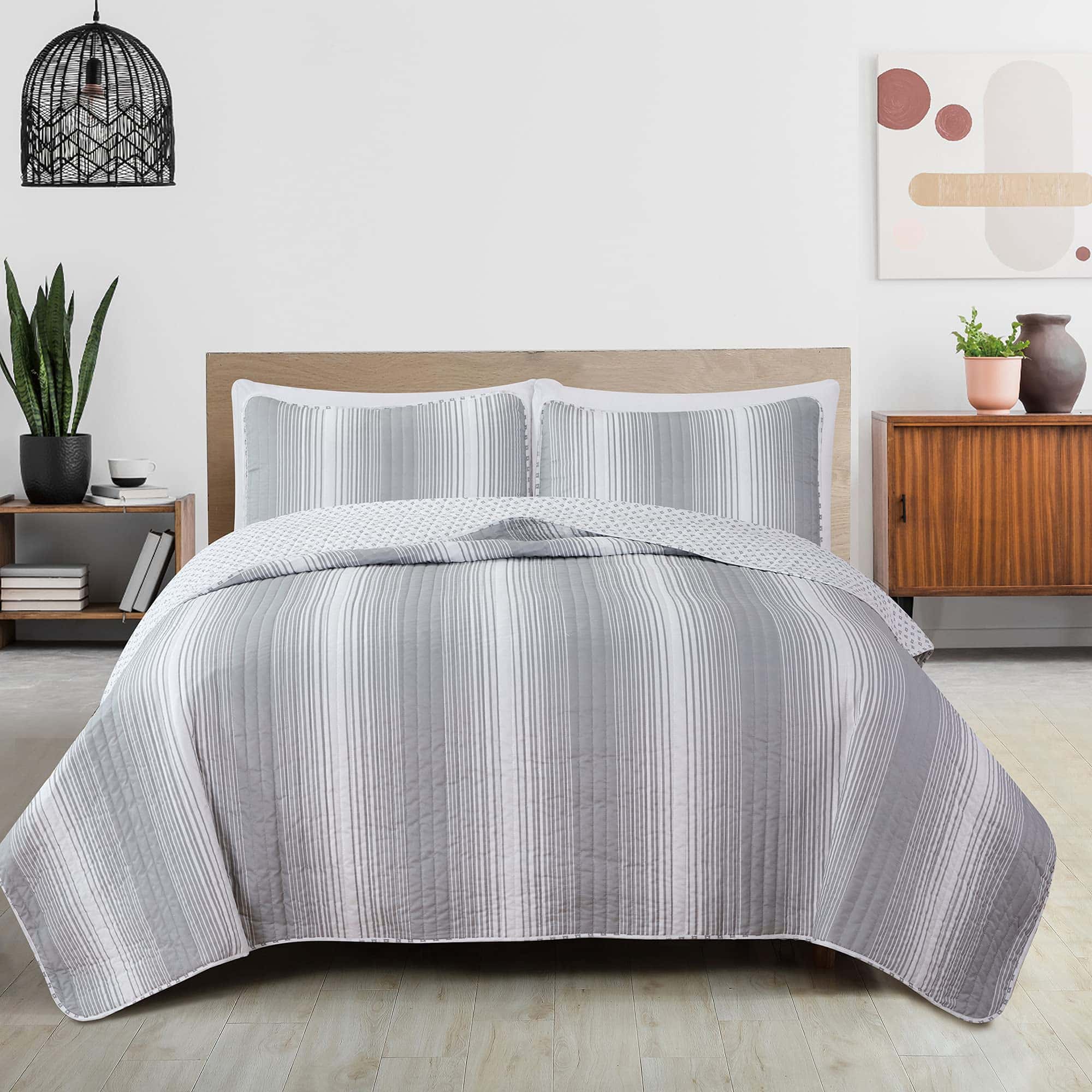 Juego de Edredón Reversible de 3 Piezas Gris para Cama King