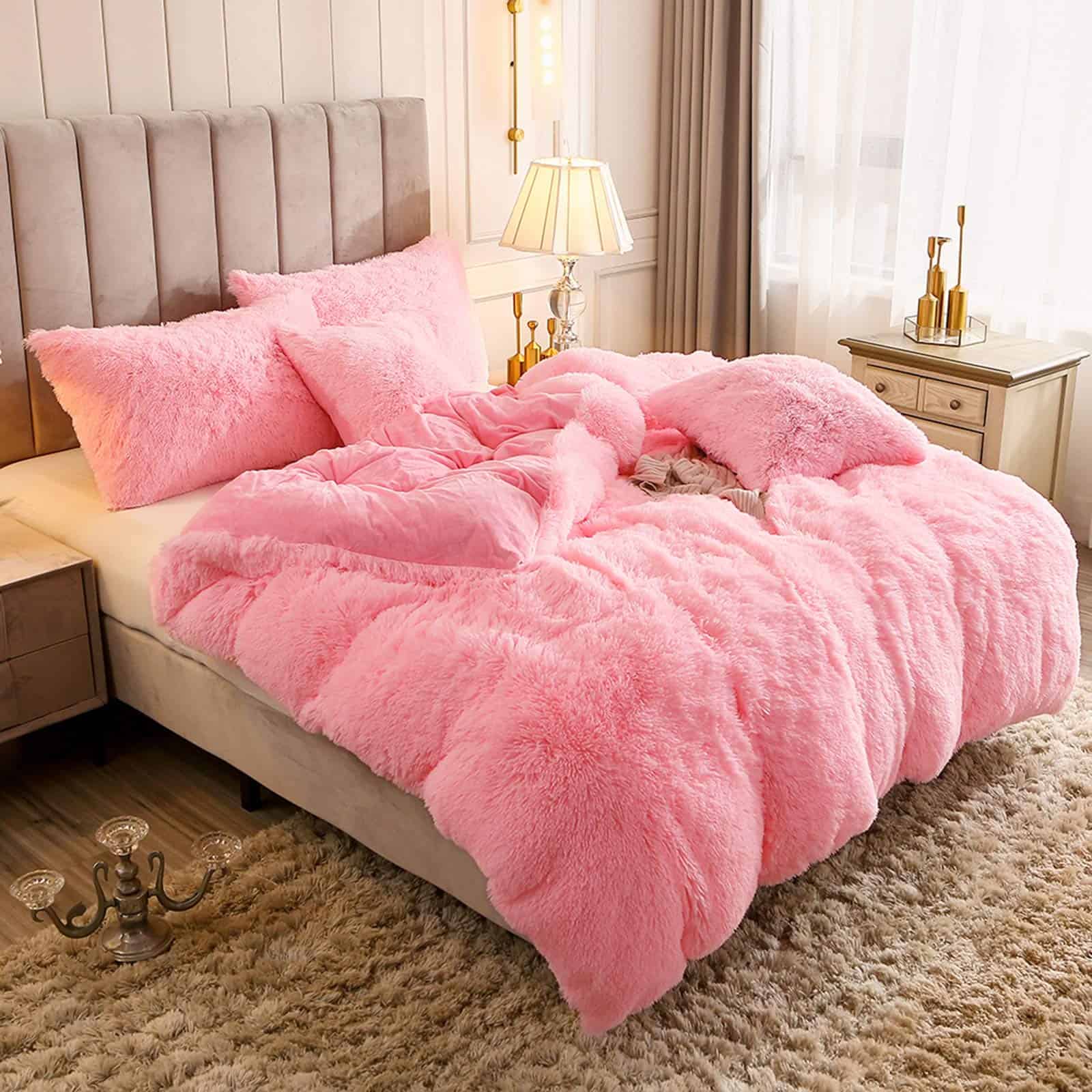 Uhamho Luxury Fluffy 1PC Solid Duvet Cover -Rosa