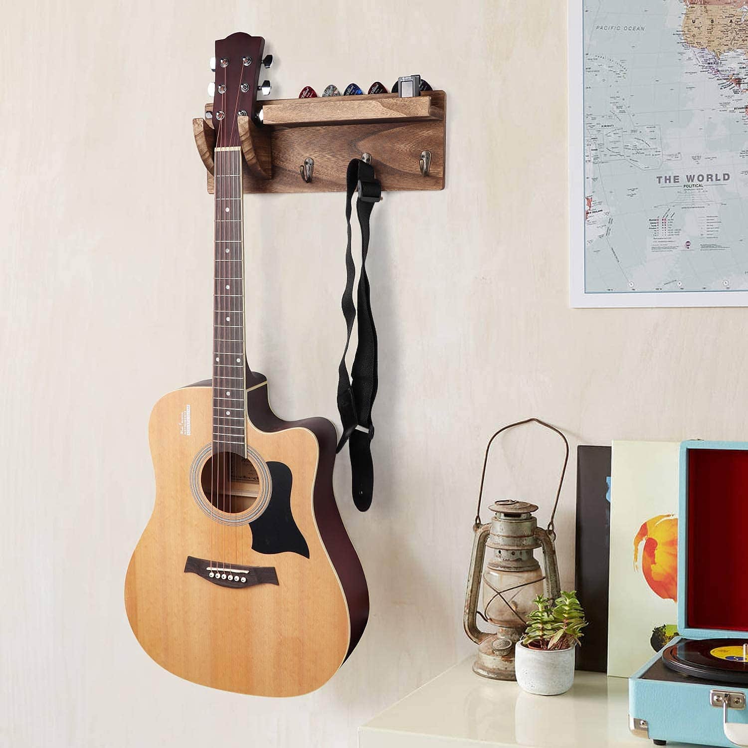 Bikoney Wall Mount Guitar Hanger Shelf with Pick Holder and - Imagen 7