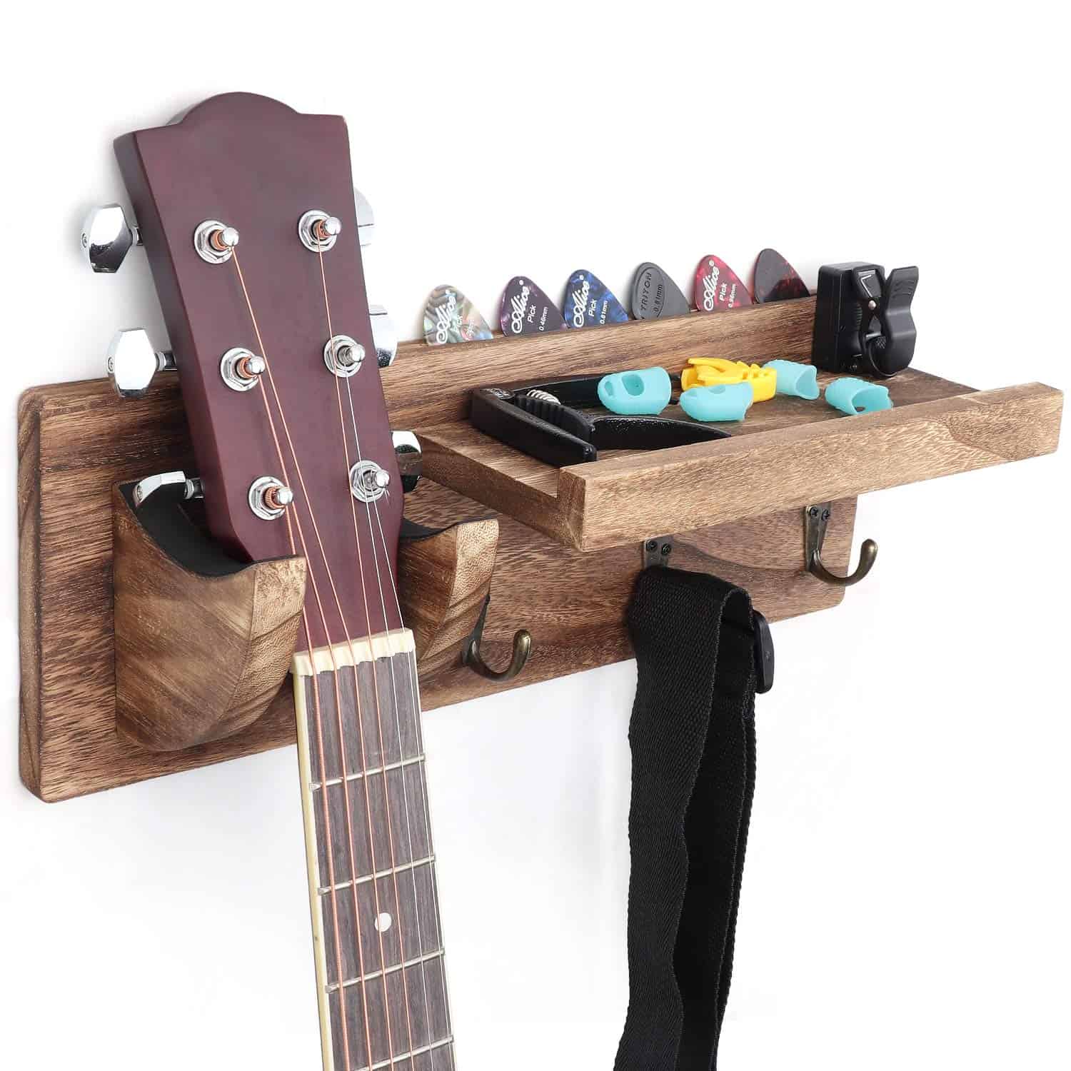 Bikoney Wall Mount Guitar Hanger Shelf with Pick Holder and